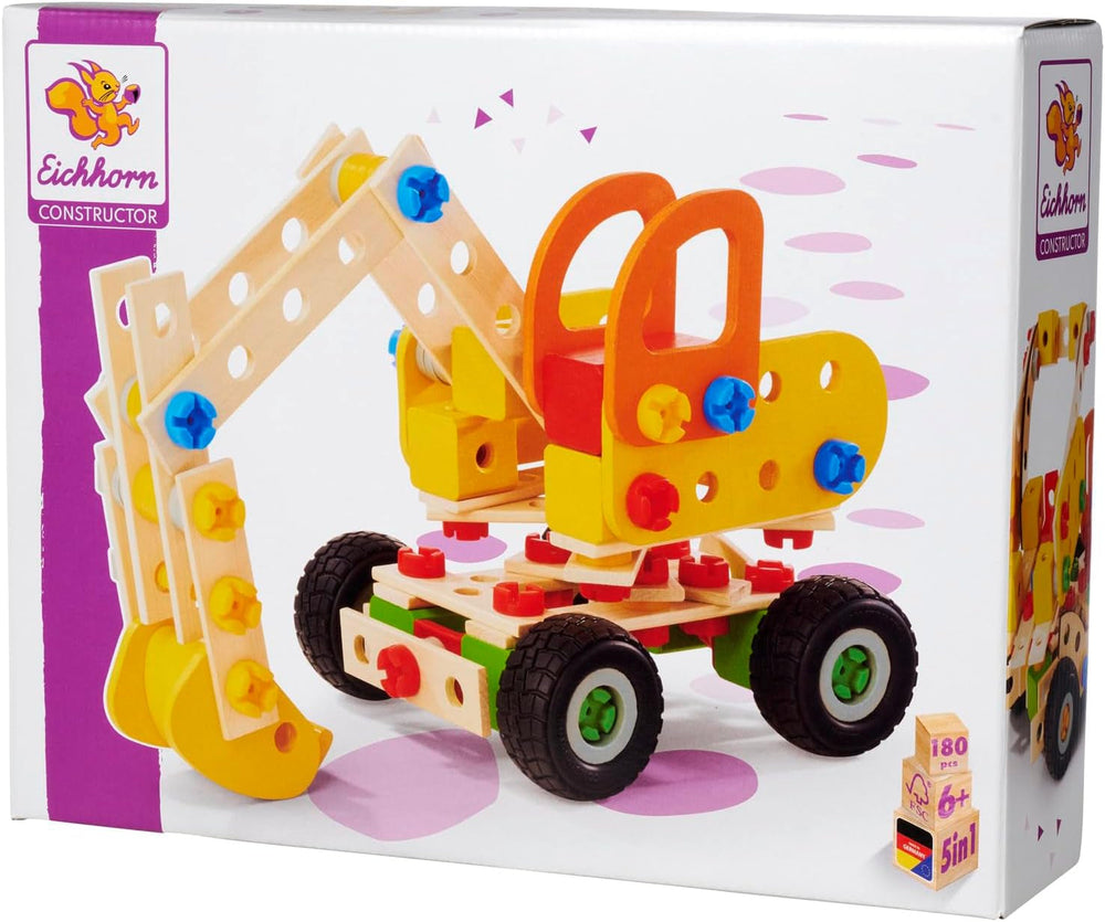 Eichhorn - Constructor Bagger, 5 Verschiedene Modelvarianten baubar, Konstruktionsspielzeug mit 180 Teilen, vielseitiges Holzspielzeug, aus 100% FSC zertifiziertem Buchenholz, ab 6 Jahren