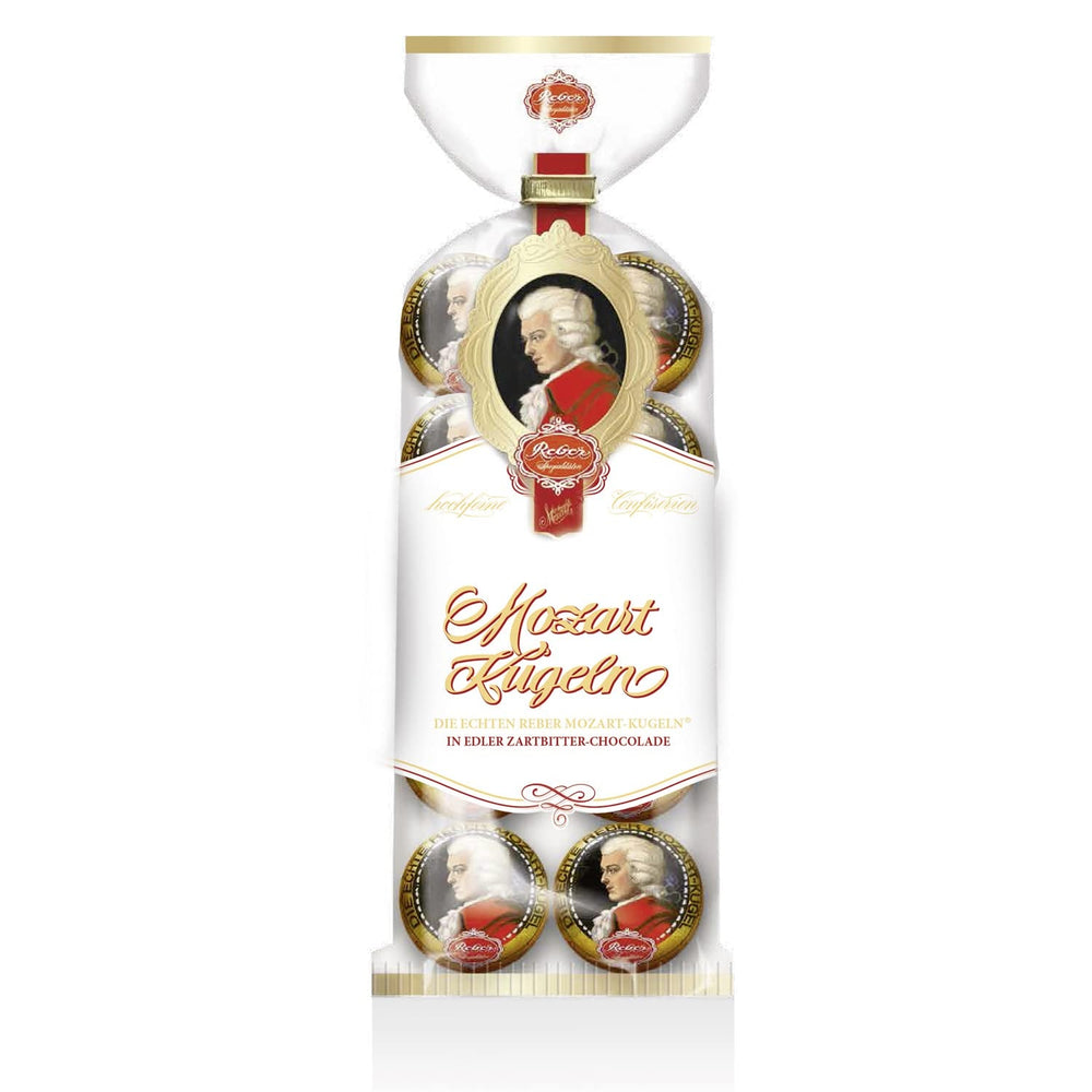 Bile Reber Mozart – pungă de cofetărie cu 8 bucăți – Bile Reber Mozart autentice din ciocolată neagră, marțipan și nuga - 1 x 160 g