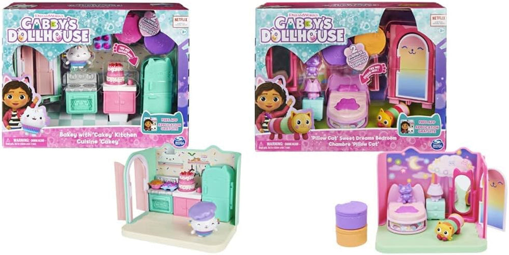Casa de păpuși Gabby și camera Deluxe a casei de păpuși Gabby, Vise dulci, dormitor cu pisică pufoasă Pisica-pernă și 3 accesorii, 3 piese de mobilier și 2 cutii surpriză, potrivită pentru copii cu vârsta de 3 ani și peste