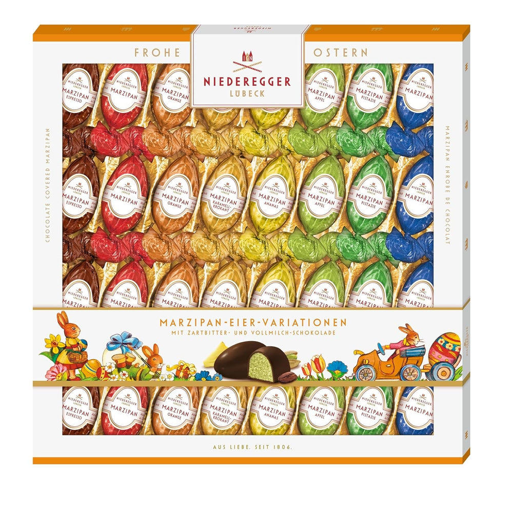 Niederegger | Ouă de marțipan | 1 x 400g | Variante: Clasic, Ciocolată cu lapte, Portocală, Caramel Crunch, Ananas, Măr, Espresso și Fistic | Învelite în ciocolată neagră și cu lapte | Cadou de Paște