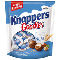 Knoppers Goodies Crunchy Minis – 1 x 180g – bile crocante de napolitană umplute cu bucăți de alune, lapte și cremă de nuga, acoperite cu ciocolată