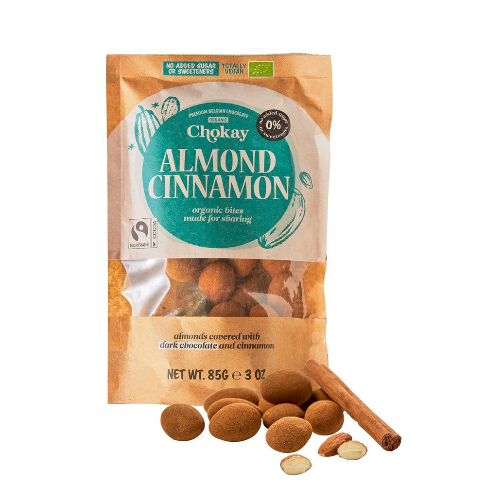 Organic Bites - Migdale cu Scorțișoară și Migdale în Ciocolată Neagră Belgiană / Fără Zahăr Adăugat, Fără Îndulcitori / Vegan și Comerț Echitabil / 1 x 85g
