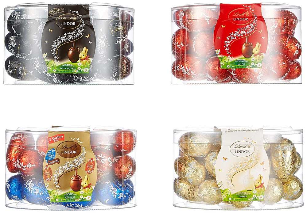 Ouă LINDOR cu ciocolată Lindt | 4 cutii a câte 450 g fiecare | Ouă LINDOR cu umplutură care se topește în gură, din ciocolată cu lapte, albă, neagră și cu alune | Ciocolată de Paște | Cadou de ciocolată | Ouă de Paște | Ouă de ciocolată