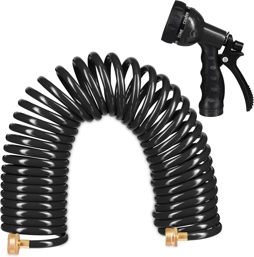 Furtun spiralat Relaxdays, extensibil până la 10 m, furtun flexibil de grădină cu pulverizator de apă, 7 modele de pulverizare, negru