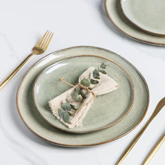 Set de veselă GBhome din gresie pentru 6 persoane, 24 de piese, glazură reactivă, lucrat manual, potrivit pentru cuptorul cu microunde și mașina de spălat vase, set de boluri și farfurii, Desret Sage, GDW007GY-24P-EU