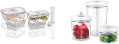 Caso VacuBoxx E-Set - 4 recipiente pătrate de vid extrem de stabile și set de recipiente de vid, recipiente rezistente la rupere și la spălarea vaselor, 3 recipiente de vid pentru alimente sensibile la presiune și lichide Cutii depozitare alimente Naty Shop Pachet cu set de recipiente de vid