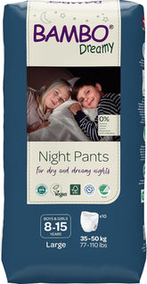 Scutece Bambo Dreamy Nighttime Pull-Up, mărime mare (35–50 kg/77–110 lbs), pachet de 10 | Scutece pull-Up pentru copii | Chiloți de noapte ultra-absorbanți pentru enurezis