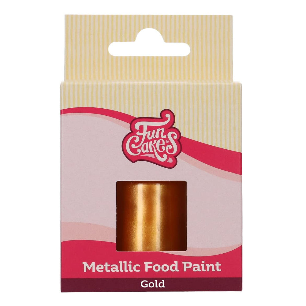 Vopsea alimentară metalică Funcakes aurie: Creați efecte metalice pe fondant, marțipan, pastă de gumă, glazură regală și fursecuri. 100% comestibilă, Halal, potrivită pentru vegetarieni și vegani. 30 ml.