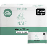 Naïf - Șervețele umede fără plastic - 864 bucăți (16 pachete a câte 54 de șervețele) - Îngrijire pentru fundulețul, corpul și fața bebelușului - 99% apă - 0% parfum și alcool