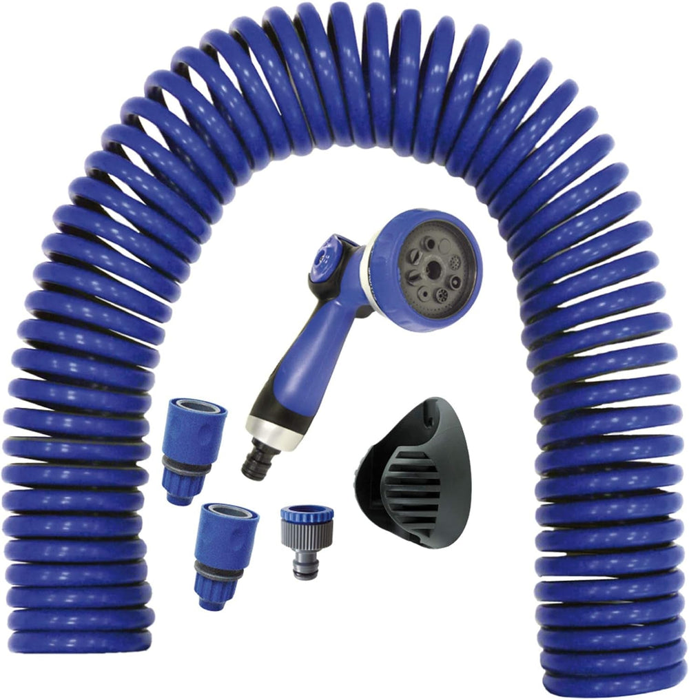 590078 – Set furtun spiralat, albastru, 15 metri (diametru 9 mm) + pistol multifuncțional cu 8 duze + filet interior automat cu adaptor ¾-½ + 2 conectori rapizi + suport de agățare