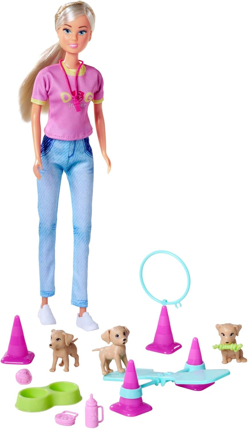 Simba Steffi Love Dog Trainer, Spielpuppe als Hundetrainerin mit einem Trainingsparcour, 3 Hunden und Zubehör, 29cm, ab 3 Jahren