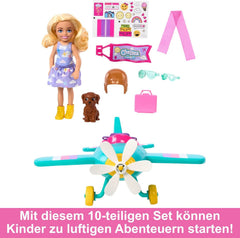 Barbie Chelsea Flugzeug Puppe und Spielset - Pilotenpuppe, Flugzeug, Hündchen und Zubehör für Geschichtenerzählen, rollende Räder und blumenförmiger Propeller, ab 3 Jahren, HTK38