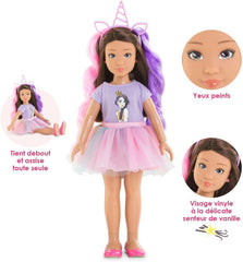 Corolle 9000600030 - Girls Luna Einhorn Set, Ankleidepuppe im Sommeroutfit mit Hund, mit Haarband, Ohrringe und extra Gummistiefel, 28cm Spielpuppe mit Vanilleduft, ab 4 Jahren