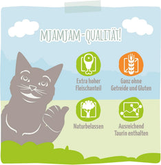 MjAMjAM - Hrană umedă premium pentru pisici - Pungă compresibilă - DUO cu carne de vițel și hering rafinate, pachet de 12 (12 x 125g), fără cereale