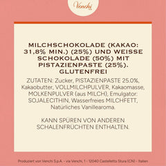 Venchi - Cremino Pistachio Bar, 110g, baton de ciocolată din ciocolată cu lapte și albă cu pastă de fistic, rețetă în trei straturi cu arome mediteraneene, fără gluten, fără coloranți artificiali
