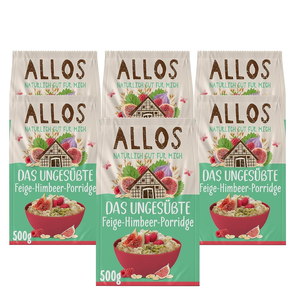 Terci de smochine și zmeură Allos neîndulcit | Terci fără zahăr | Muesli organic | Muesli cu fructe | Fulgi de ovăz | Terci de mic dejun | Cereale pentru micul dejun | Vegan | Pachet de 6 (6 x 500g)