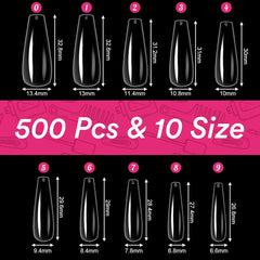 Alyvisun Tips Unghii Balet, 500 Bucăți Tips Unghii Acrilice Cu Acoperire Completă cu 240 Bucăți Set de Autocolante pentru Unghii, 10 Dimensiuni Tips Transparent pentru Unghii cu Gel Tips Unghii cu Gel Moale Tips Unghii Balerina