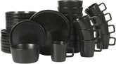 Set de veselă Bowery, 32 de piese, negru mat, gresie, farfurii, boluri și căni, serviciu pentru 8 persoane