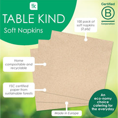 Table Kind | 100 pachet vrac Șervețele moi din hârtie reciclată, șervețele de petrecere de unică folosință maro, potrivite pentru uz zilnic, ecologice, Kraft, nealbite, compostabile, fabricate în UE, 2Ply, 33cm