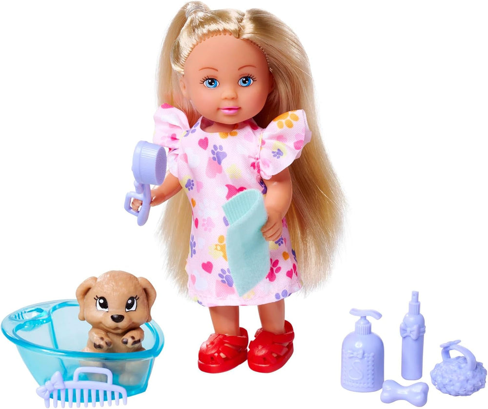 Simba Evi Love Dog Bath, Spielpuppe mit Hund, der Schmutz an seinen Pfoten hat, inkl. Badewanne und Handtuch, 8 Teile, Zubehör, 12cm, ab 3 Jahren