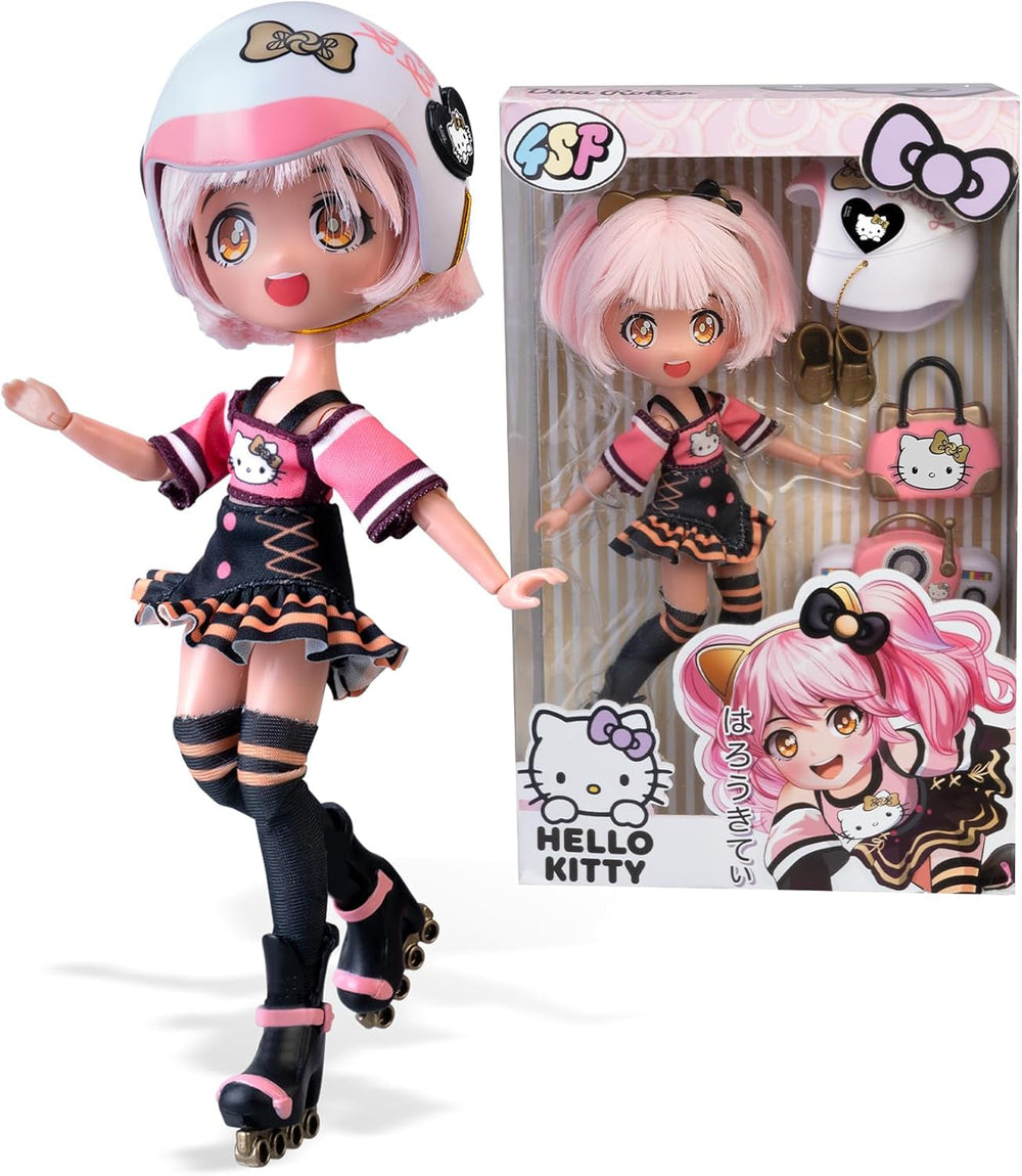 4SF - Golden Diva Roller, Japanische Fashion Puppe im Rollschuh-Look, Figur von 19,5 cm mit 15 Gelenkpunkten, Inklusive Helm, Tasche, Musikzubehör und Stiefel, Famosa (HKTF1000)