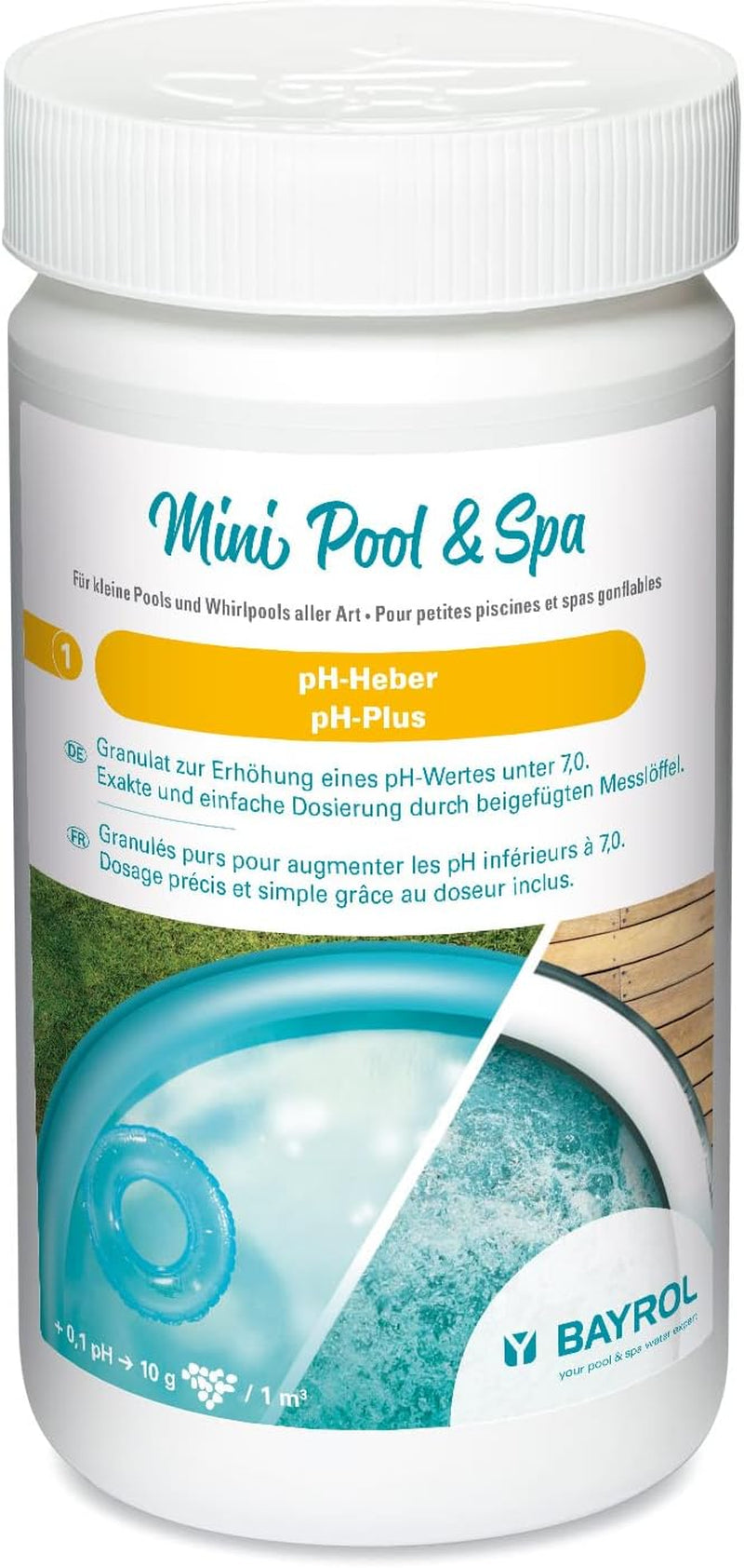 Granule de creștere a pH-ului BAYROL Mini Pool & Spa 1 kg - pH Plus pentru piscine mici, căzi cu hidromasaj și piscine supraterane. Include lingură de măsurat, albă.