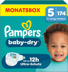 Scutece Pampers Baby-Dry mărimea 5, 174 de scutece, 11 kg - 16 kg, protecție împotriva scurgerilor de până la 100% și confort toată noaptea