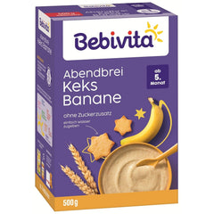 Terci de seară cu biscuiți și banane (4x500g), terci de lapte de la 5 luni, fără zahăr adăugat, cu minerale și vitamine valoroase, foarte sățios