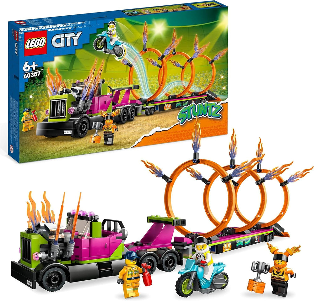LEGO 60357 City Stuntz Stunttruck mit Feuerreifen-Challenge, mit schwungradbetriebenem Motorradspielzeug und Minifiguren, lustiges Geschenk für Kinder ab 6 Jahren, 2023 Set