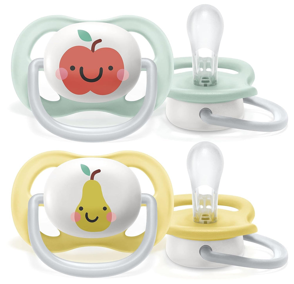 Suzetă Philips AVENT ultra air - pachet de 2, fără BPA, respirabilă, pentru bebeluși 0-6 luni, inclusiv cutie de transport și sterilizare, măr/pară (model SCF080/17)