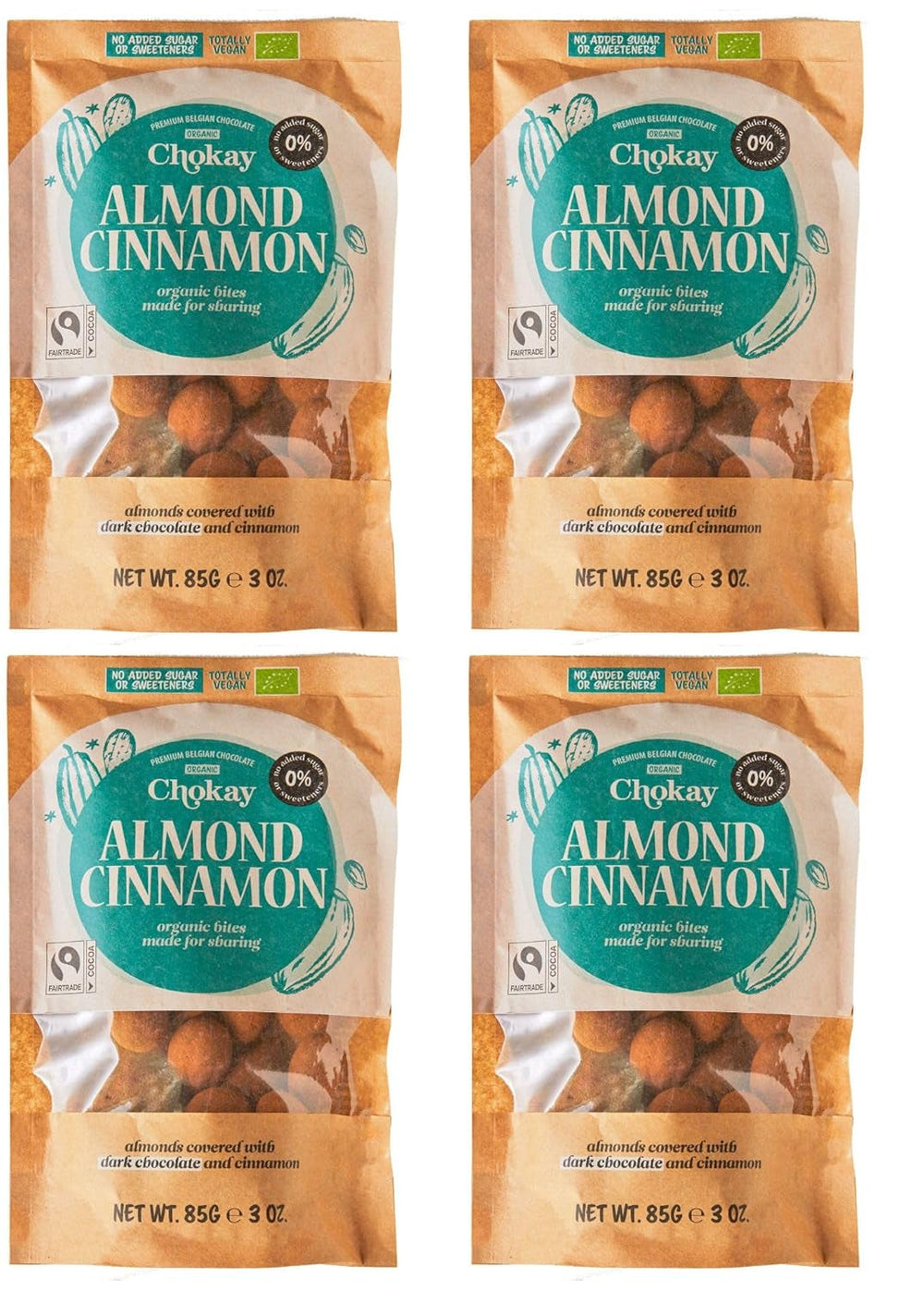 Set de 4 bucăți Organic Bites - Migdale cu scorțișoară/Migdale cu scorțișoară în ciocolată neagră belgiană/Fără zahăr adăugat, fără îndulcitori/VEGAN ȘI COMERȚ ECHITABIL / 4 x 85g