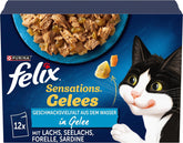 Felix Sensations Hrană umedă pentru pisici în jeleu, mix variat de pește, pachet de 6 (6 x 12 pliculețe a câte 85 g fiecare)