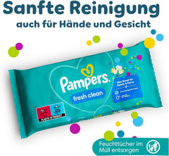 Șervețele umede Pampers Fresh Clean, 12 pachete a câte 52 de șervețele, 624 de șervețele în total, parfum ușor, potrivite și pentru mâini și față