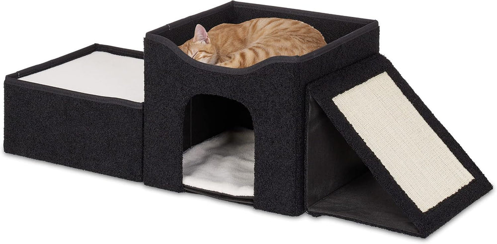 Relaxdays Katzenhöhle, faltbar, 3 Liegeplätze, Katzenhaus mit Kratzfläche, HBT: 36,5x112x41 cm, Katzenversteck, schwarz