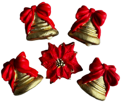 Set 5 decoratiuni comestibile din pasta de zahar, Craciun, clopotei cu fundite rosii Decoratiuni din Pasta de Zahar Naty Shop