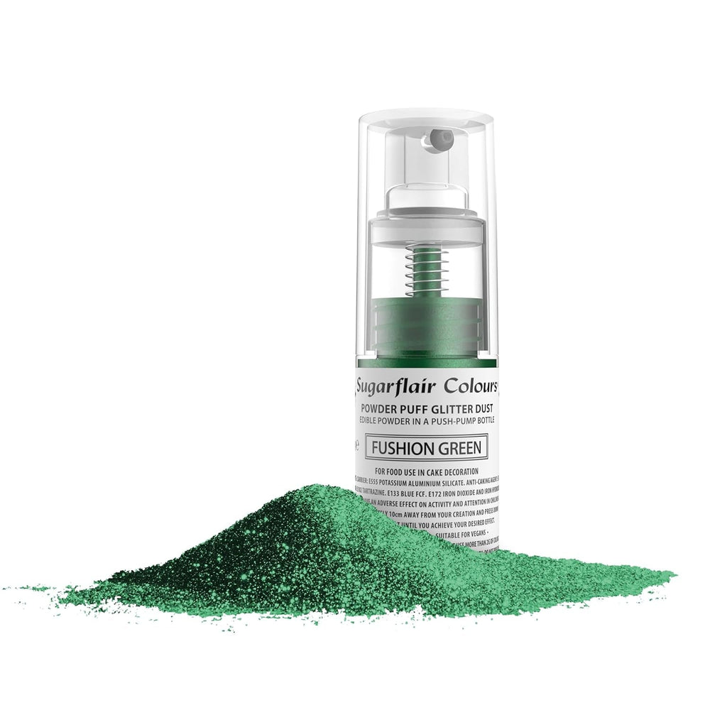 Spray cu pompă Sugarflair, praf de puf, verde Fusion - colorant alimentar pentru decorarea torturilor, spray fără aerosoli pentru torturi, brioșe și multe altele - 10 g