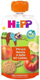 Pliculețe compresibile HiPP cu piersici și banane organice în pungi de mere și fursecuri - Felix leneșul (8 x 100g), de la 1 an, fructe cu cereale, fără zahăr adăugat, de cea mai bună calitate organică