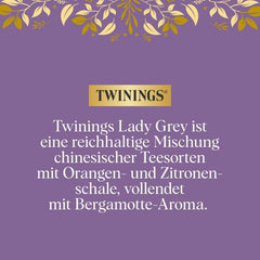 Ceai negru Twinings LADY GREY vrac în cutie de ceai – ceai negru, amestec de soiuri de ceai chinezesc cu coajă de portocală și lămâie, completat cu aromă de bergamotă (200 g)