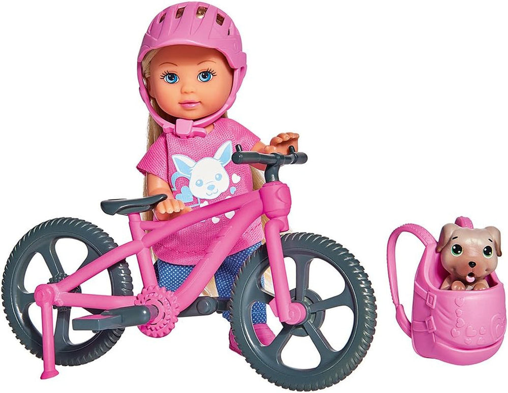 Simba 105733273 - Evi Love Bicicletă Distractiv de Vacanță, Păpușă cu Bicicletă, Câine și Rucsac, Păpușă de Modă, 12 cm, pentru copii cu vârsta de 3 ani și peste