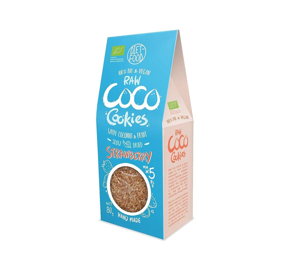 DIET-FOOD Fursecuri organice cu așchii de cocos și căpșuni Gustare sănătoasă Fursecuri delicioase pentru birou, fără conservanți 80 g (1 pachet)
