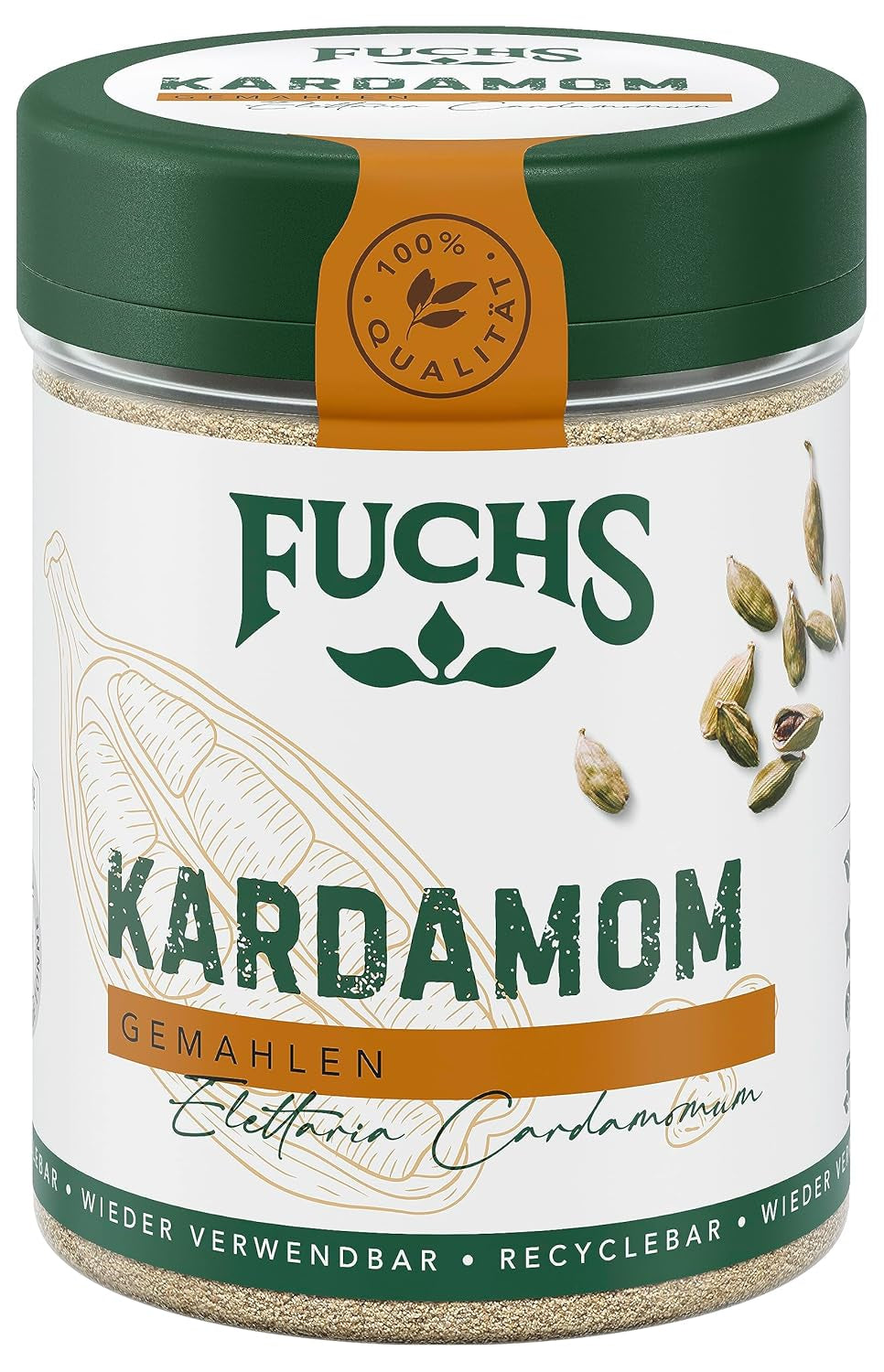 Fuchs Gewürze - Kardamom gemahlen - Gewürz für Glühwein oder Fleischgerichte wie Roastbeef oder Schweinebraten - natürliche Zutaten - 50 g in wiederverwendbarer, recyclebarer Dose