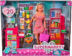 Simba 105733613 - Steffi Love Supermarket, Spielpuppe im Supermarkt mit Kasse, einkaufstasche und vielen Lebensmitteln, 29cm Puppe, ab 3 Jahren