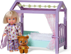 Simba Evi Love Teddy Bed, Spielpuppe im Schlafanzug mit Schlafmaske, Flauschiger Decke, Teddy und Bett mit Glow in the Dark, 12cm, ab 3 Jahren
