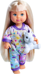 Simba Evi Love Pyjama, 3-Fach Sortiert, es Wird nur EIN Artikel geliefert, Puppe in einem süßen Pyjama mit Einhornkuscheltier, 12cm Spielpuppe, ab 3 Jahren