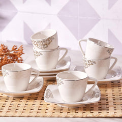 Set de cești espresso din porțelan KARACA Nazende - cești de cafea turcească de 80 ml cu farfurioare, serviciu de cafea modern cu 12 piese cu 6 cești de cafea și 6 farfurioare, cești Mocha - alb