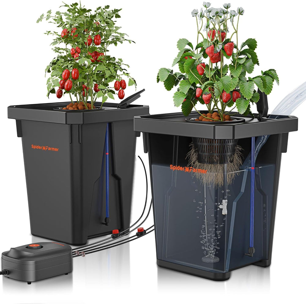Sistem de creștere hidroponică Spider Farmer DWC cu cultură în apă adâncă de 27 de litri/7 galoane, design nou al capacului triunghiular, sistem de grădinărit cu picurare circulantă cu kit de picurare în ghiveci, pompă de aer de 8W, 2 găleți