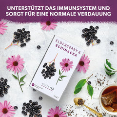 Nutra Tea Fructe de soc și echinaceea, ceai pentru imunitate și răceli, ceai pentru susținerea sistemului imunitar, pentru combaterea răcelilor, 20 pliculețe de ceai reutilizabile, ceai natural din plante