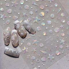 JMEOWIO 3D Nagelsticker Aurora Muschel Seestern Nail Art Sticker Selbstklebend Nagelaufkleber 5D Stereoskopisch Ozean Thema Dekoration Nageldesign Zubehör 1 Blatt