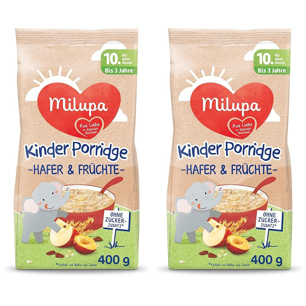 Terci pentru copii Milupa – Terci de ovăz și fructe de la 10 luni la 3 ani, hrană pentru bebeluși, 1 x 400 g (pachet de 2)