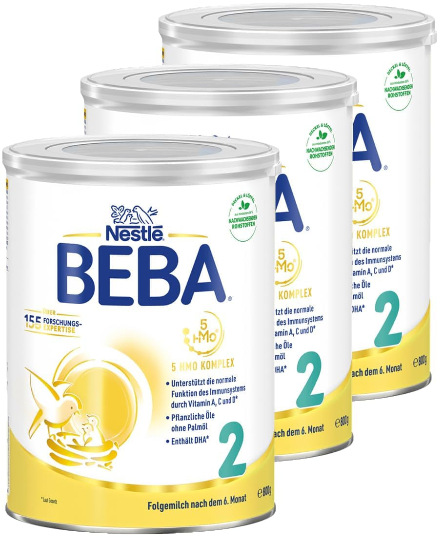 BEBA 2 - Lapte de continuare după 6 luni, cu complex 5 HMO, conținut proteic adecvat vârstei, fără lactoză, fără ulei de palmier, fără ulei de pește, hrană pentru bebeluși, lapte praf pentru bebeluși, pachet de 3 (3 x 800g)
